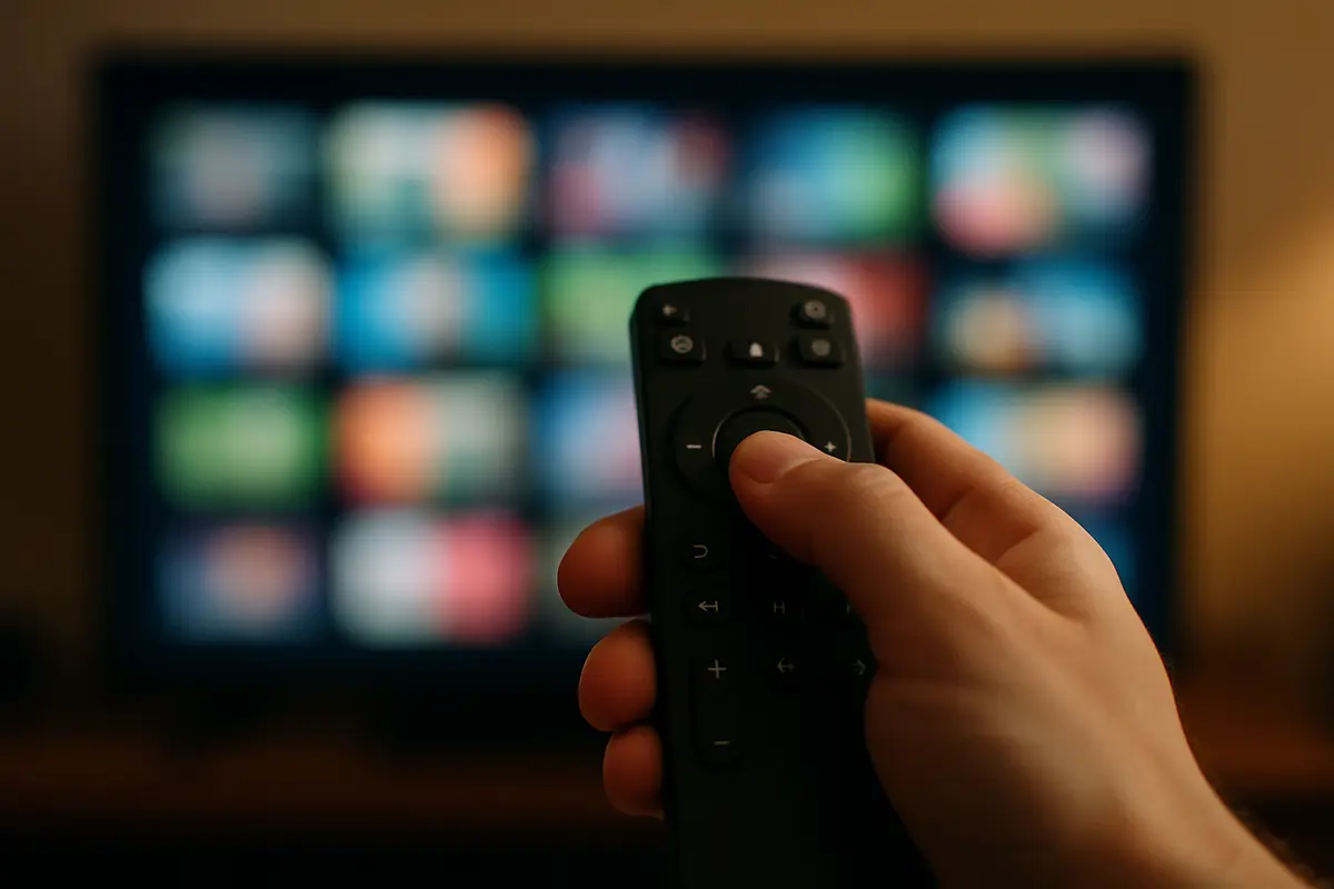 A hand with its thumb on a TV remote's directional pad, with a blurred TV screen behind.