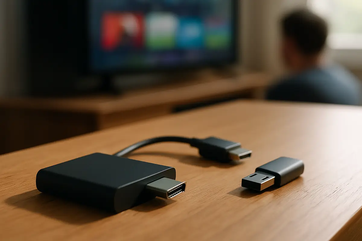A small streaming stick, a short adapter cable and a USB flash drive laid side by side on a TV stand.