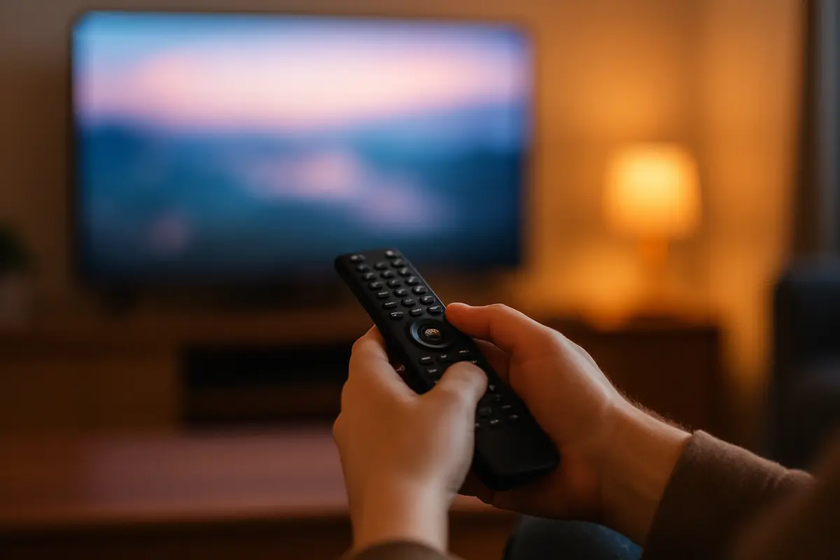 Two hands holding a TV remote in front of a softly glowing television in a dim living room.