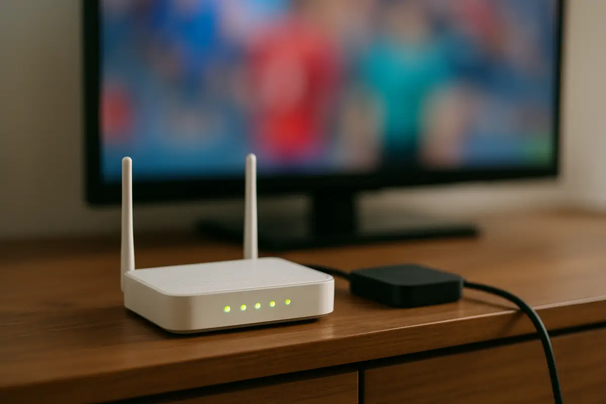 A home Wi-Fi router with green status lights on a wooden TV stand next to a small streaming box.