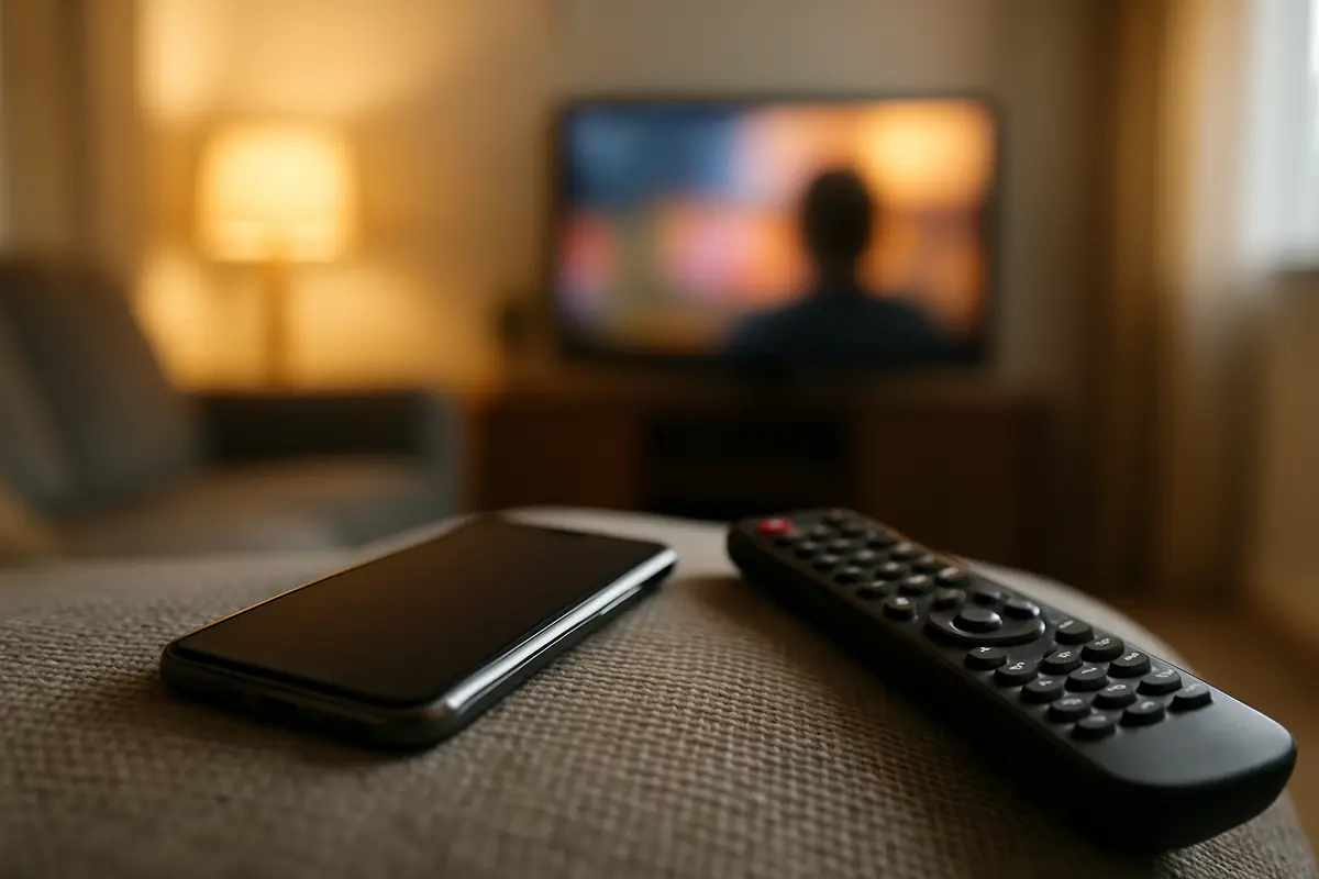 A smartphone and a TV remote resting side by side on the arm of a grey sofa.