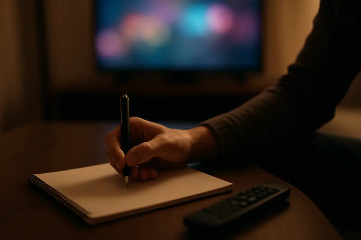 A hand with a pen over a blank notepad on a coffee table at night, a television glowing behind.