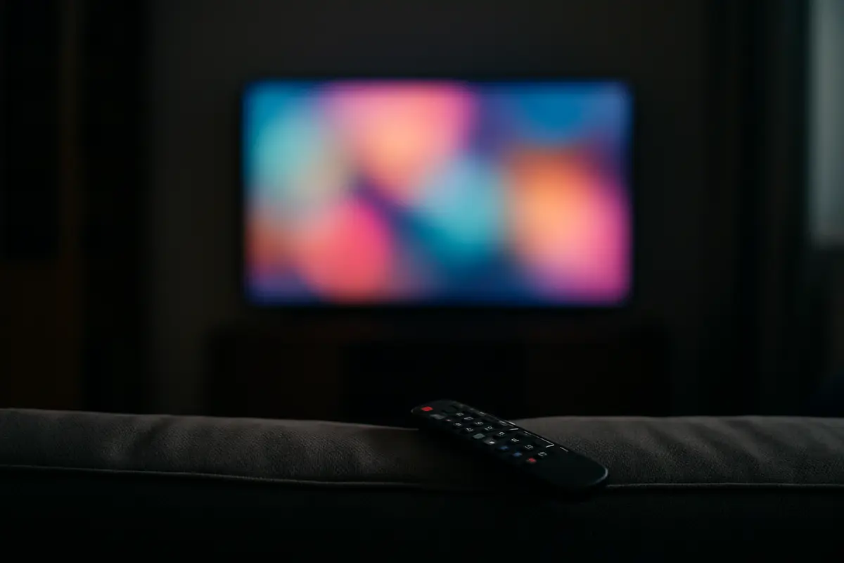 A TV remote on the back of a sofa in the foreground, with a glowing television in a dark room behind it.