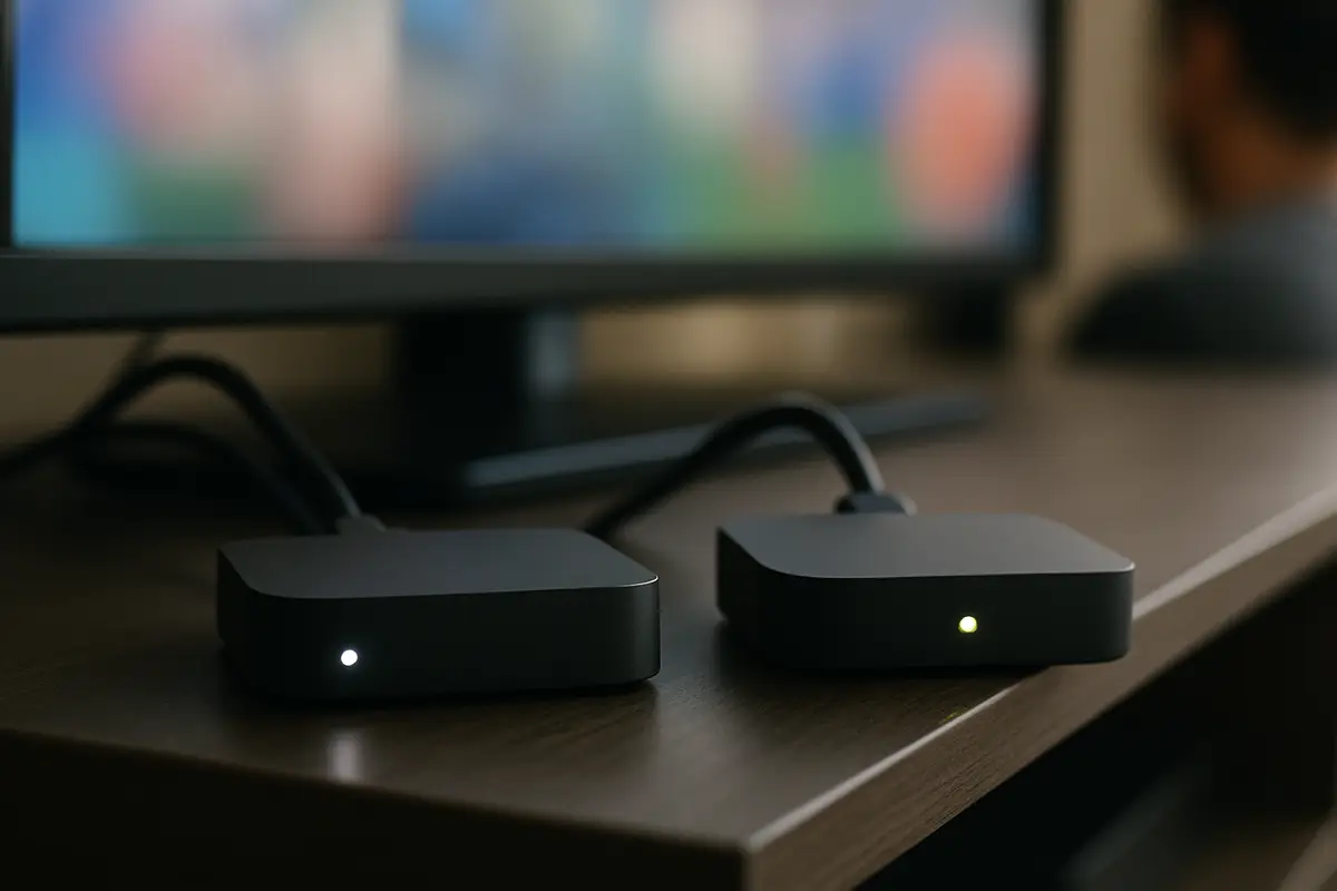 Two small streaming boxes side by side on a shelf beneath a television.